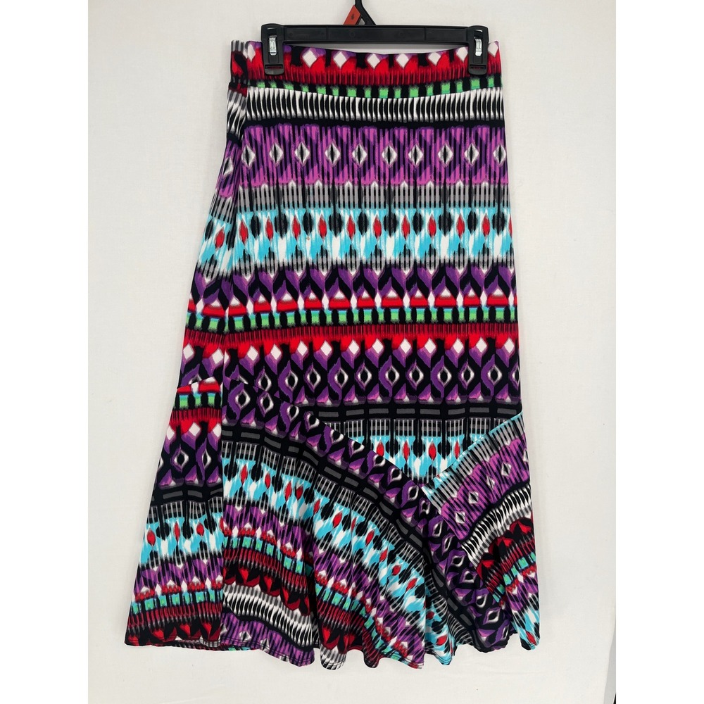 Notations Petite Maxi Skirt PM Purple Geometric Ikat Print Stretch Jersey Flared